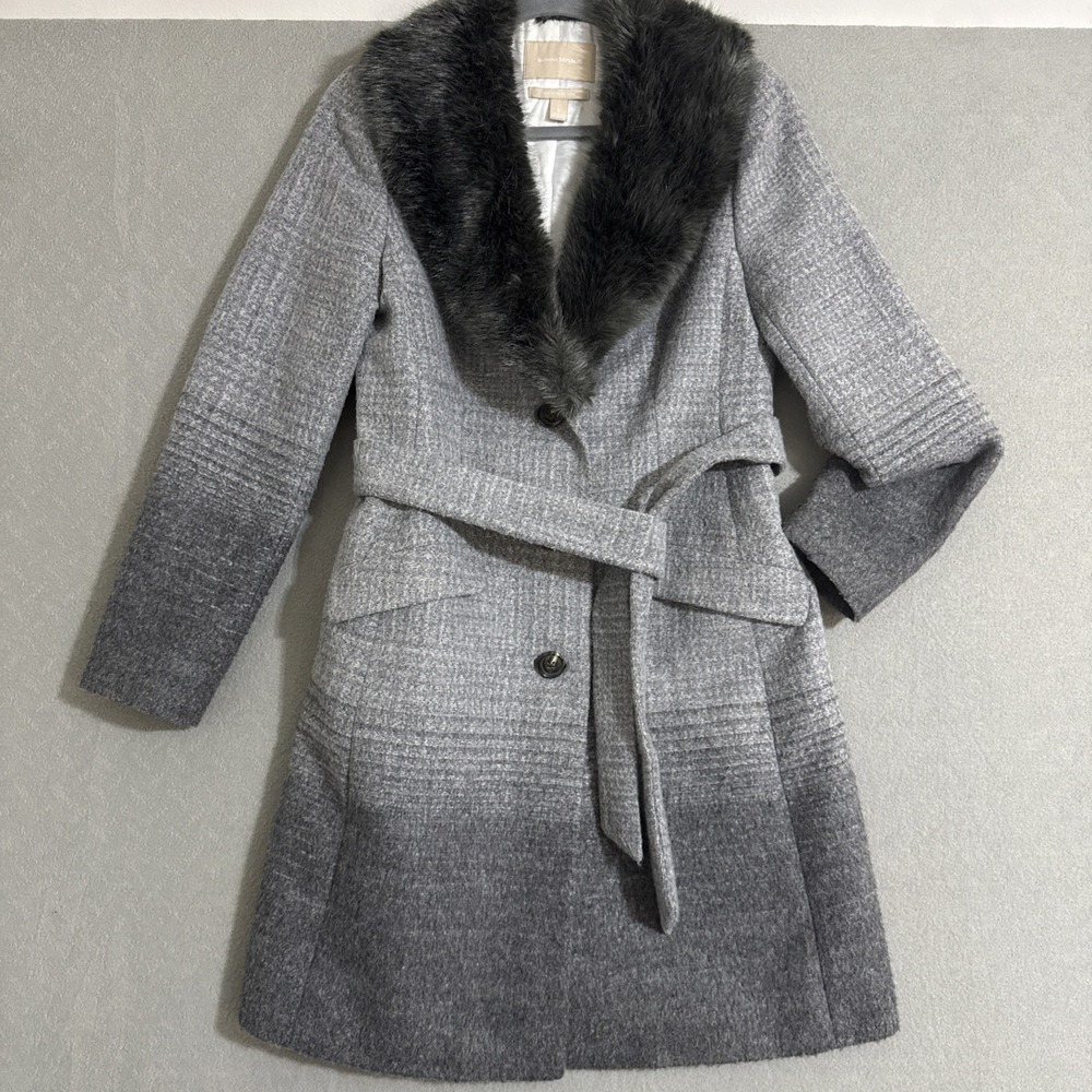 Banana Republic Womans Tweed Coat Y2k Faux Fur Collar Ombré Wool Blend Belt Sz S